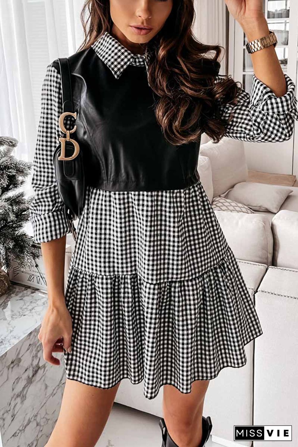 Shirt skirt and leather stitching Mini Dress