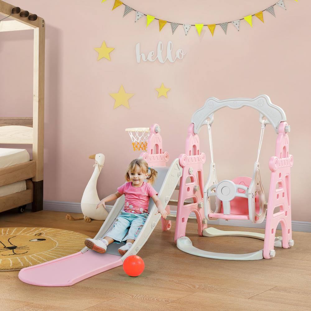 Nyeekoy 3-in-1 Kids Slide and Swing Set Toddler Climber Playset Indoor Outdoor Playground Pink and Grey TH17G0755-T01