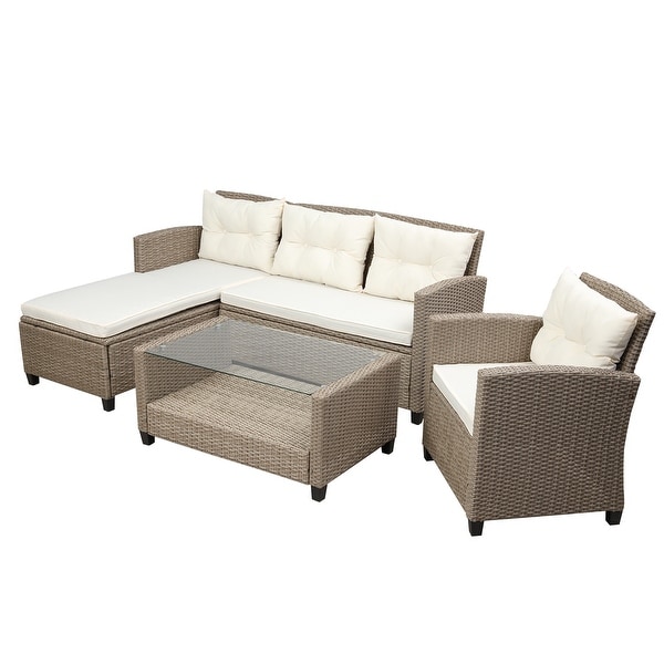 Living room，Outdoor，Patio Furniture Sets，4 Piece Conversation Set Wicker Ratten Sectional Sofa with Seat Cushions