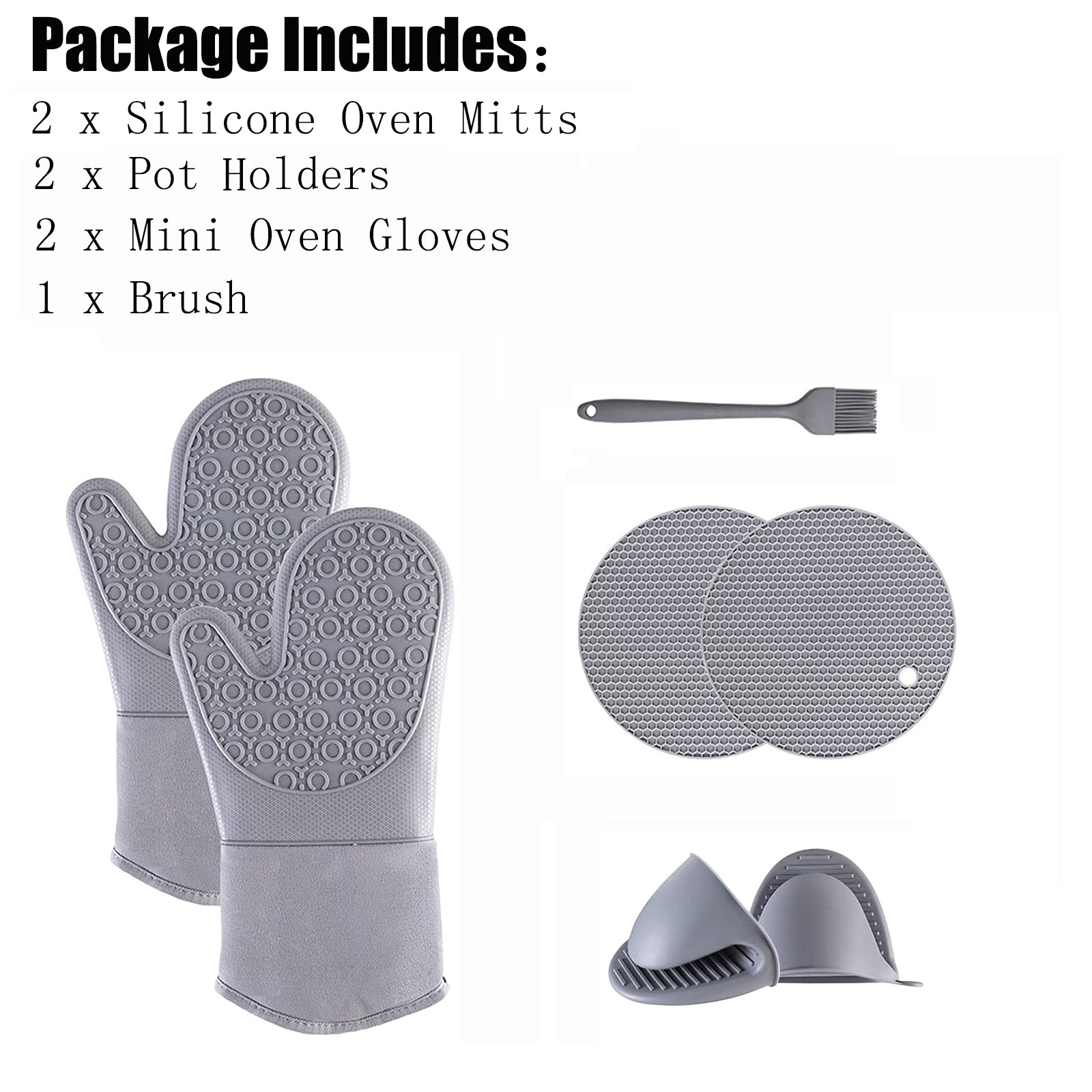 7pcs Silicone Oven Mitt and Pot Holder Set， Asablve 500°F Heat Resistant Oven Gloves， Non-Slip Oven Mittens with Mini Oven Gloves and Pot Holders Potholders for Kitchen Baking Cooking， Gray