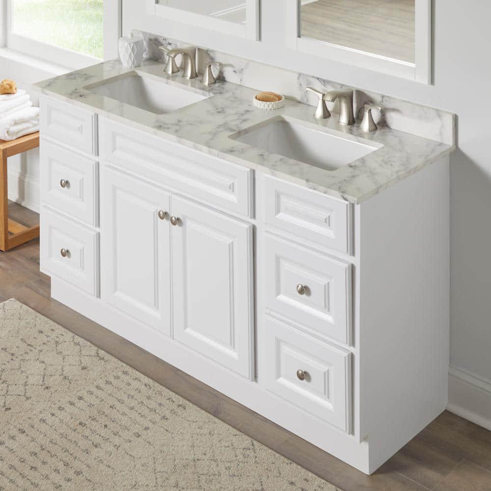 Home Decorators Collection 61 in W x 22 in D Engineered Marble Double Trough Basin Vanity Top in Calacutta with White Basins