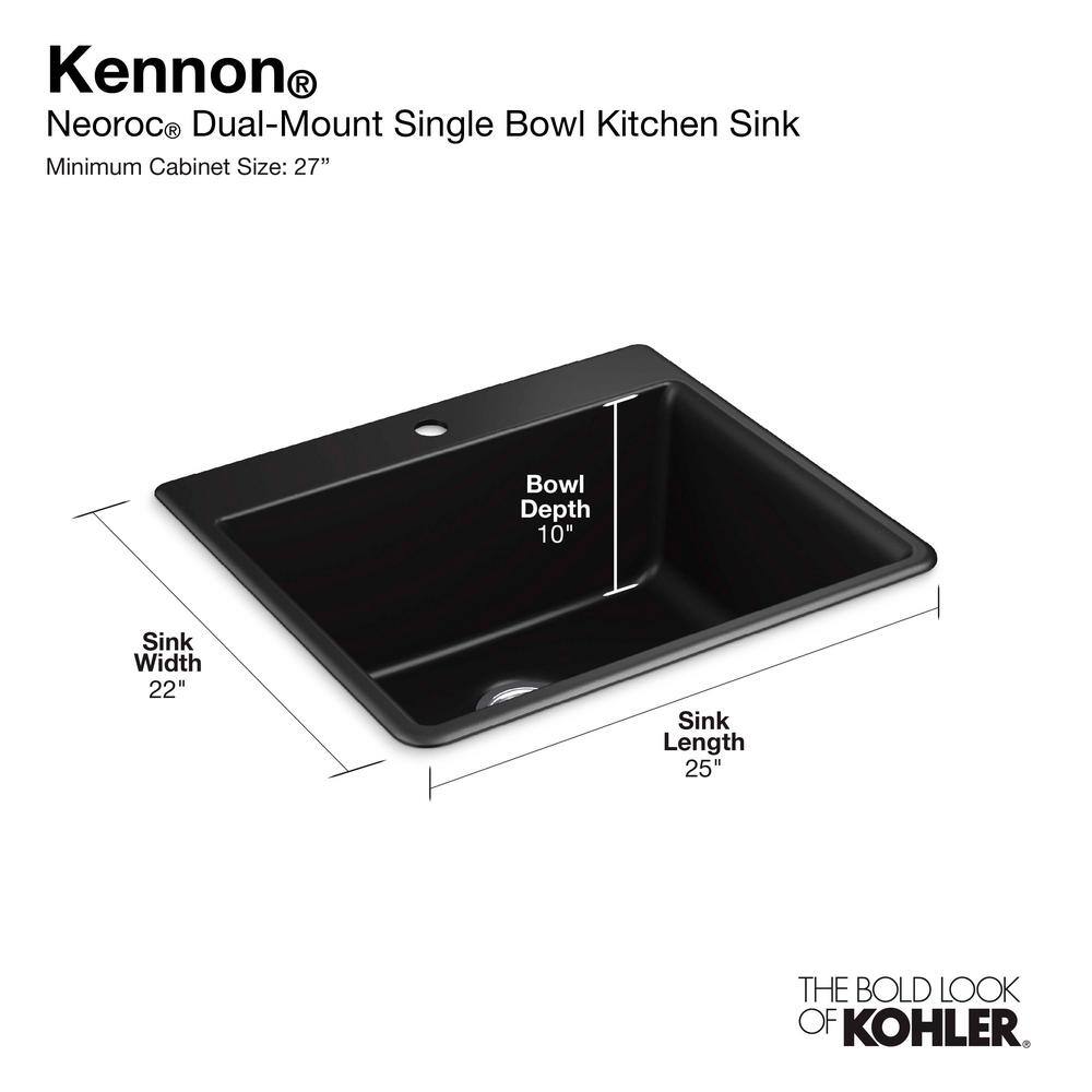 KOHLER Kennon Top-MountUndermount Neoroc Granite Composite 25 in. Single Bowl Kitchen Sink in Matte Black with Basin Rack K-28003-1-CM1