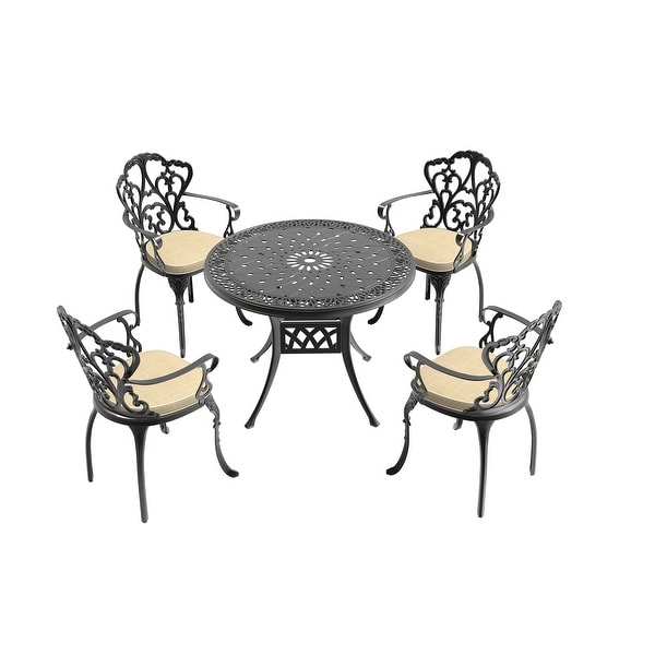 3/5Piece Cast Aluminum Outdoor Dining Set with 35.43 in. Round Table and Random Color Cushions