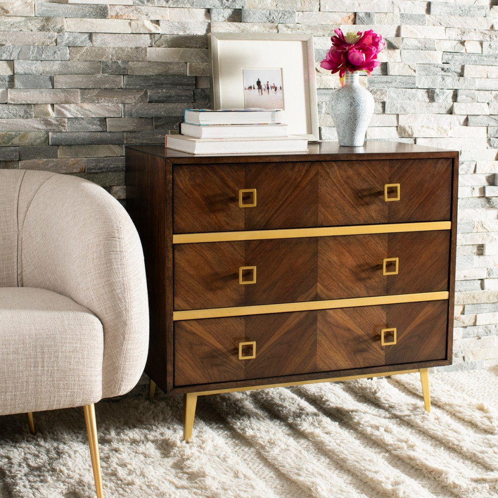 Gina 3 Drawer Chest  Walnut/Gold   Midcentury   Accent Chests And Cabinets   by Rustic Home Furniture Deco  Houzz