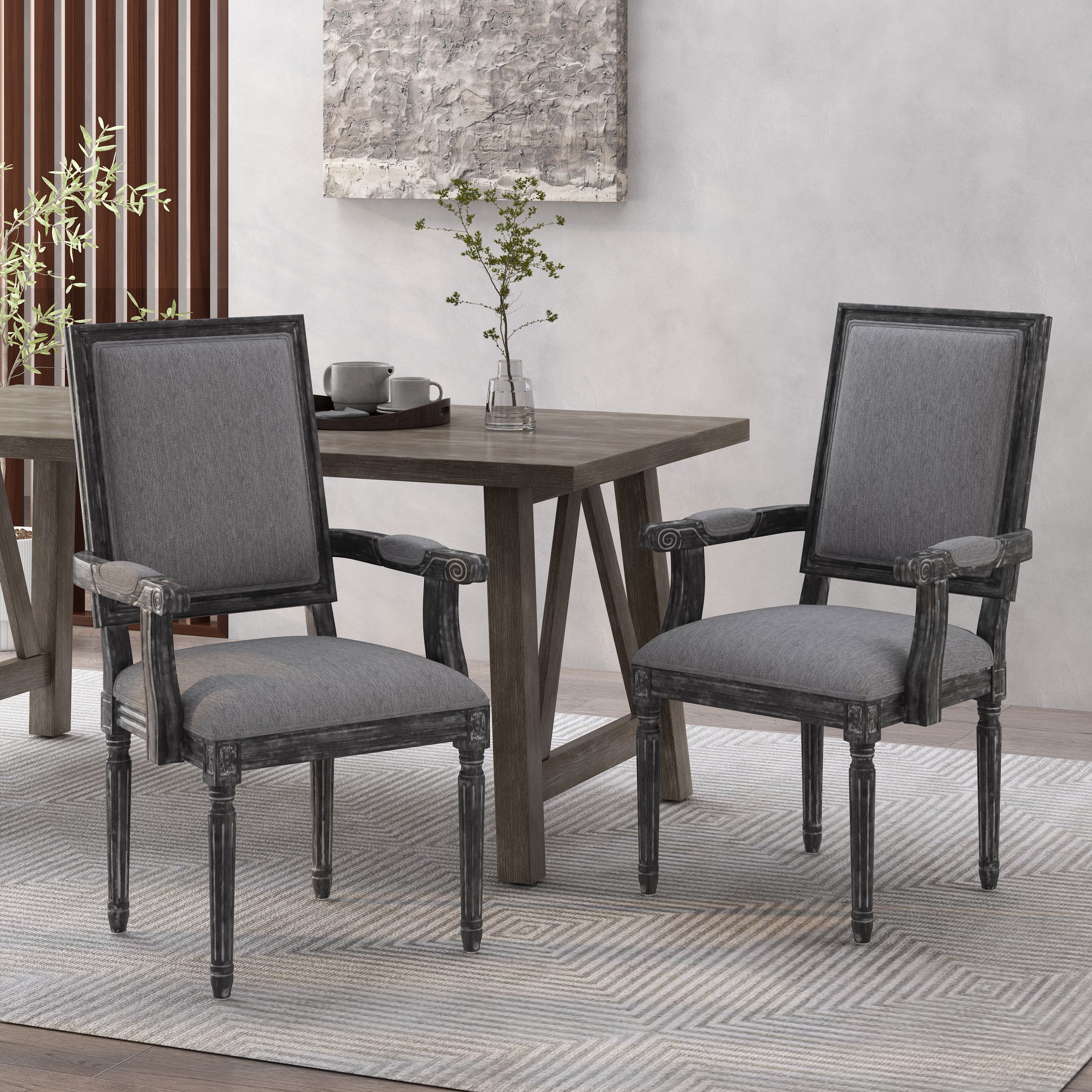 Ashlyn French Country Fabric Upholstered Wood Dining Chairs, Set of 2