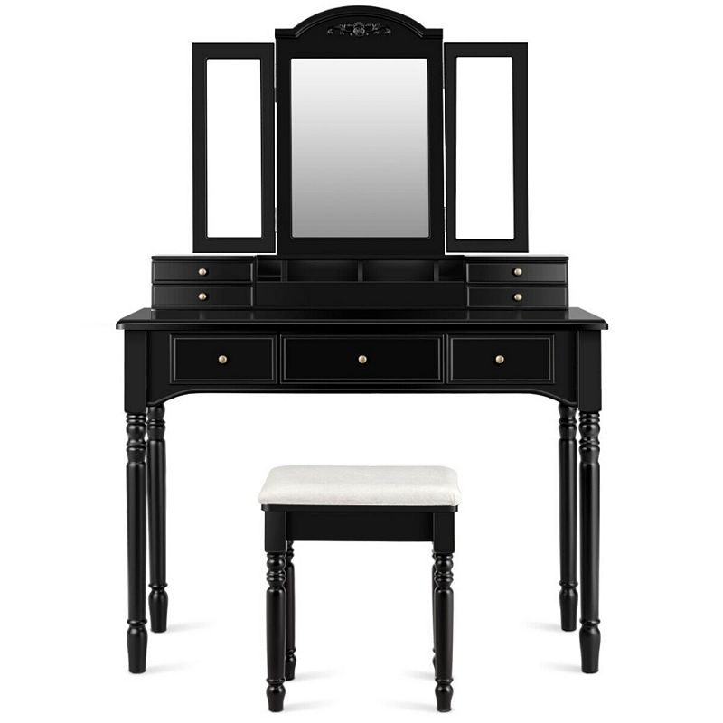 Makeup Dressing Table with Tri-Folding Mirror and Cushioned Stool for Women