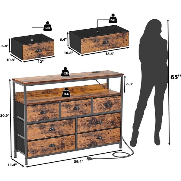 Dresser TV Stand with Power Outlets， Console Sofa Table with 7 Fabric Drawers and Shelves， Entertainment TV Media Center