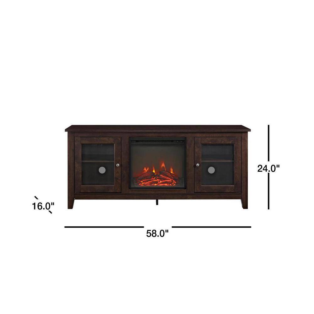 Walker Edison Furniture Company Traditional 58 in. Brown TV Stand fits TV up to 65 in. with Glass Doors and Electric Fireplace HD58FP4DWTB