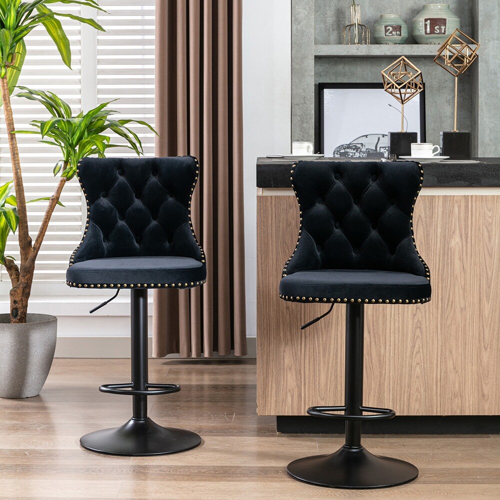 Set of 2 Swivel Velvet Upholstered Barstools Adjusatble Seat Height