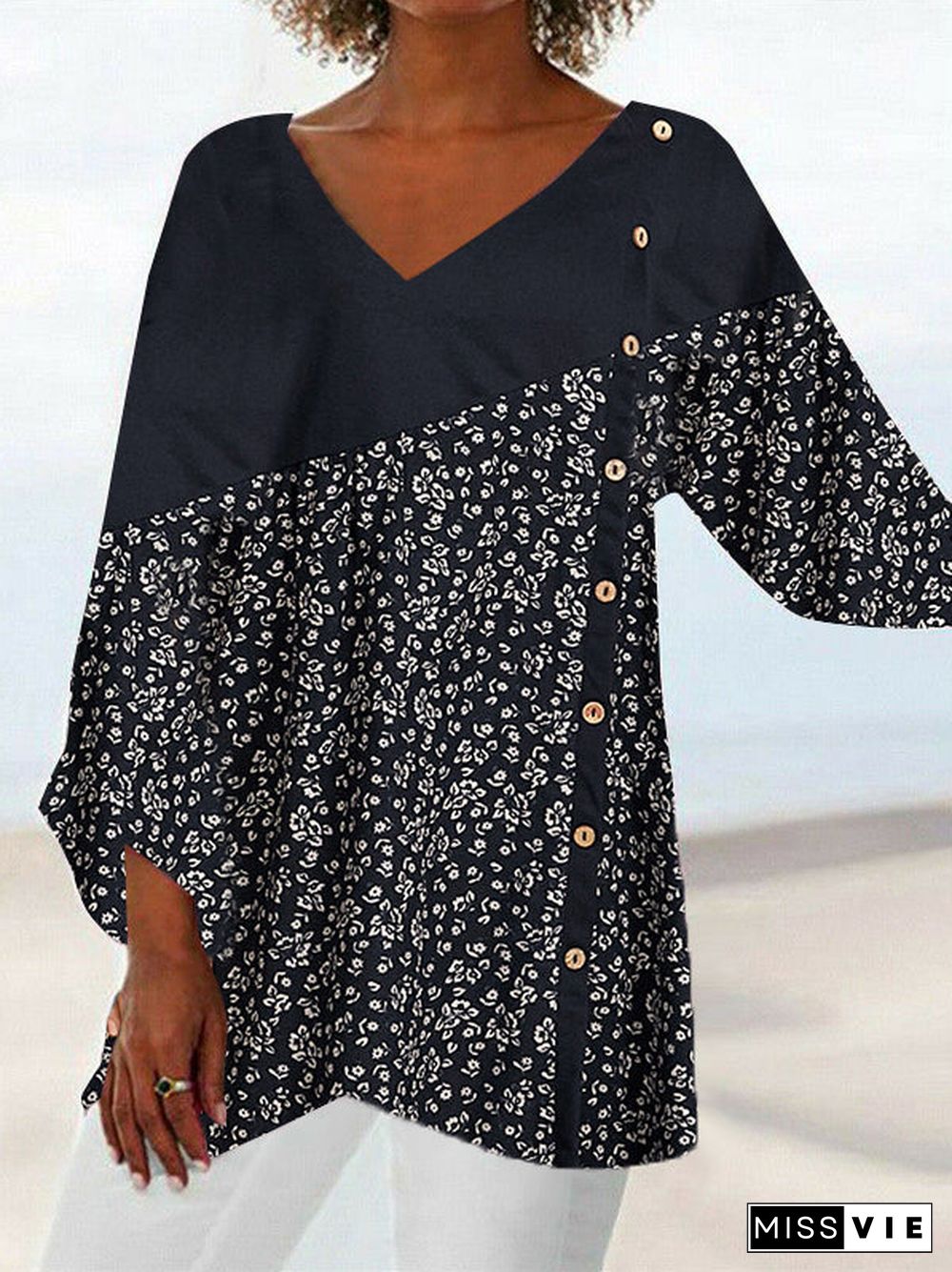 Women Irregular Long Sleeve V-neck Floral Printed Button Top Dress