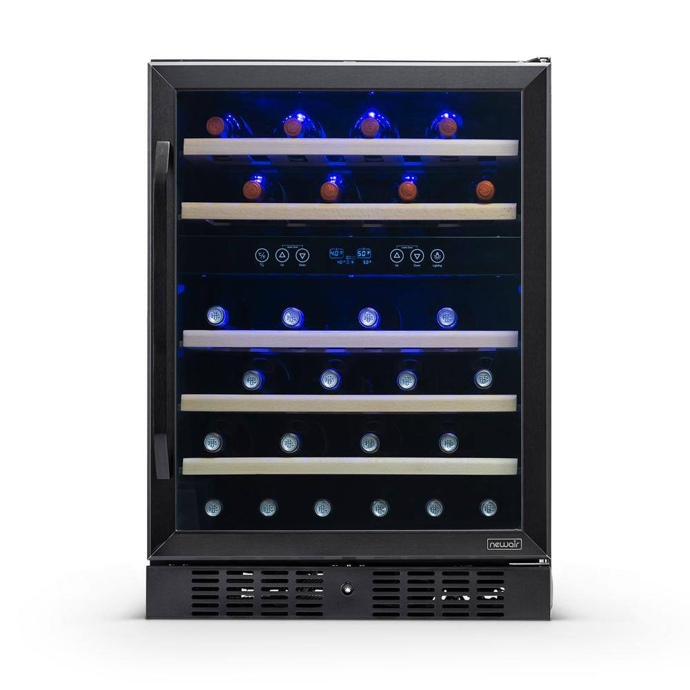 NewAir Dual Zone 24 in. 46-Bottle Built-In Wine Cooler Fridge with Quiet Operation  Beech Wood Shelves - Black Stainless Steel NWC046BS00