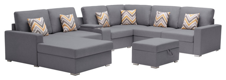 Nolan Linen 8 Piece Reversible Chaise Sectional Ottoman Storage Console   Contemporary   Sectional Sofas   by Lilola Home  Houzz