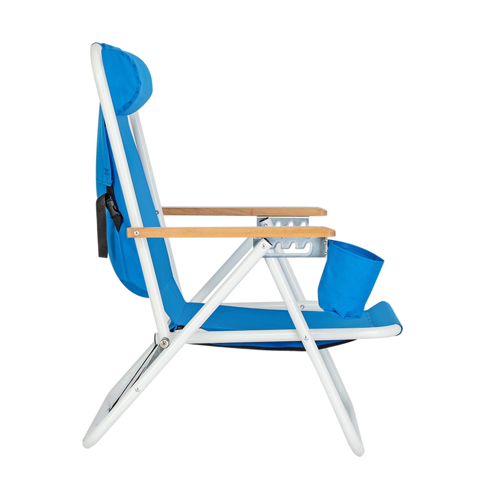 Portable High Strength Beach Chair，Patio Folding Lightweight Camping Chair， Outdoor Garden Park Pool Side Lounge Chair， with Cup Holder， Adjustable Headrest，Blue