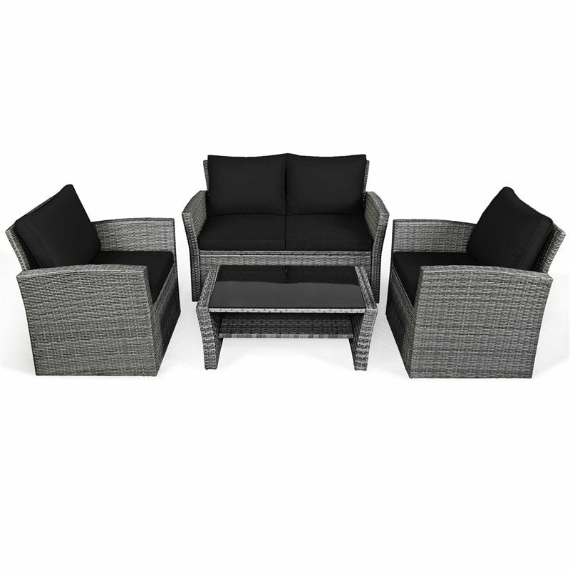 4 Pcs Rattan Patio Sectional Furniture Set with Storage Shelf Table, Cushioned Outdoor Wicker Conversation Sofa Set