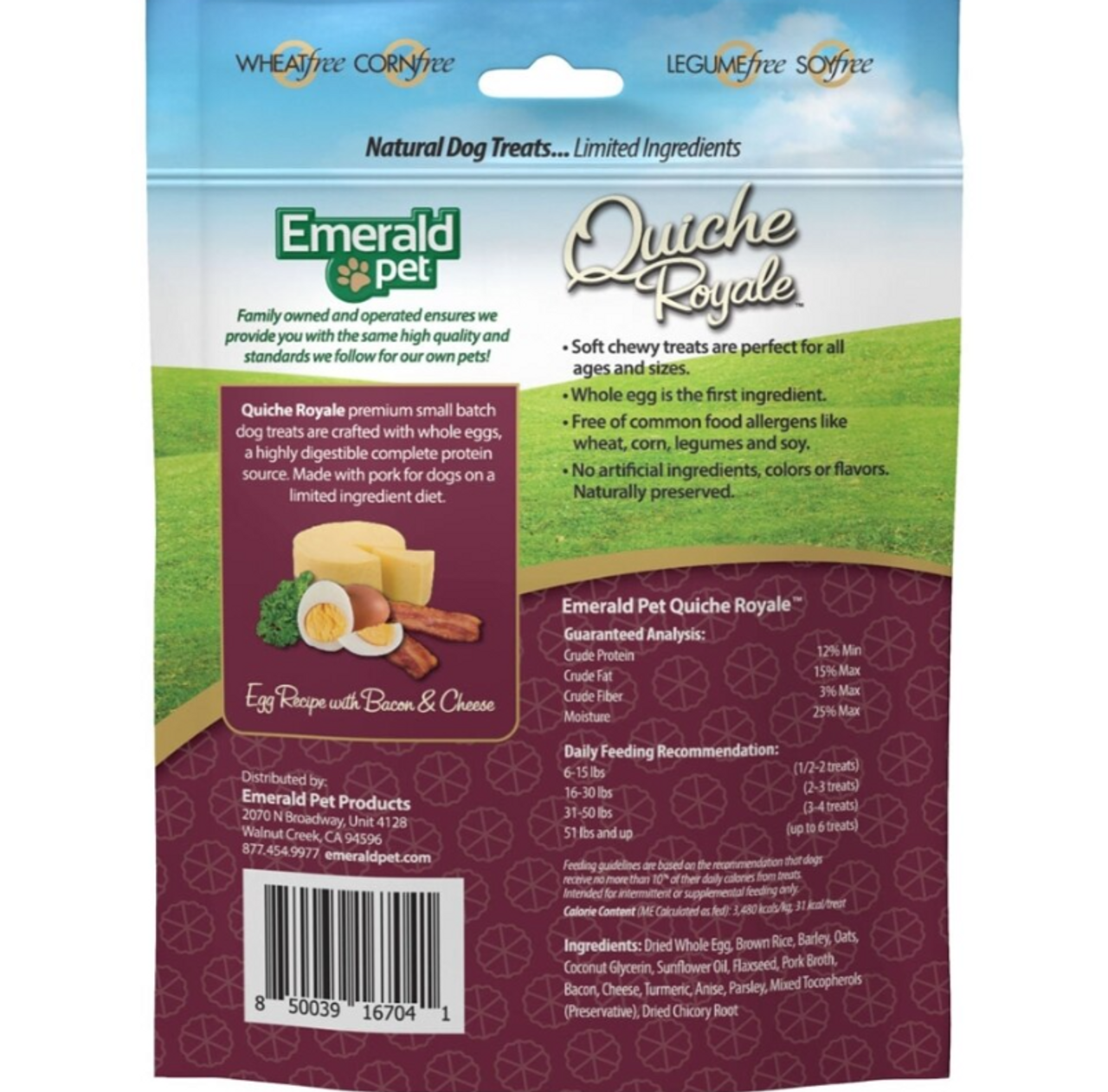 Emerald Pet Quiche Royale Chewy Egg，  Bacon and Cheese Dog Treats， 6oz