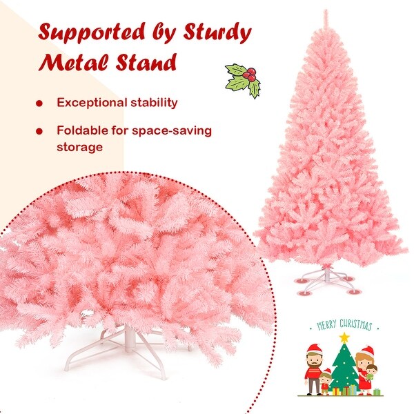 Gymax 6ft Pink Artificial Christmas Tree Hinged Spruce Full Tree w/