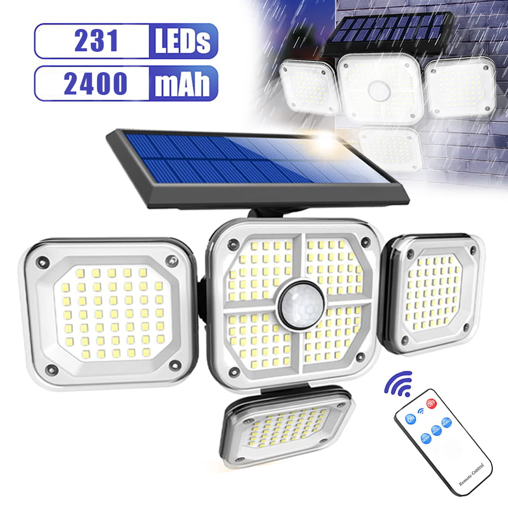 231LED Solar Lights Outdoor， 4 Heads Motion Sensor Security Lights with Wireless Remote Control， 3 Modes， IP65 Waterproof Solar Wall Lights LED Flood Lights for Door， Backyard， Garage， Deck