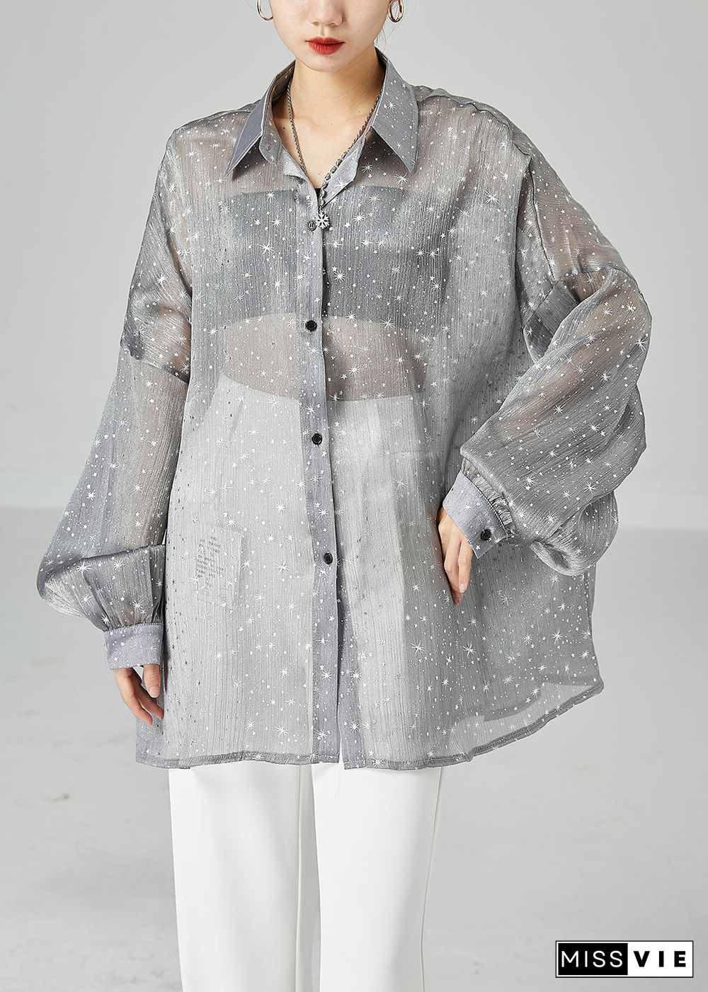 French Grey Oversized Print Silk Shirt Tops Summer