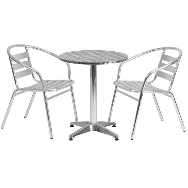 Flash Furniture Lila 23 5 x27 x27 Round Aluminum Indoor outdoor Table Set With 2 Slat Back Chairs