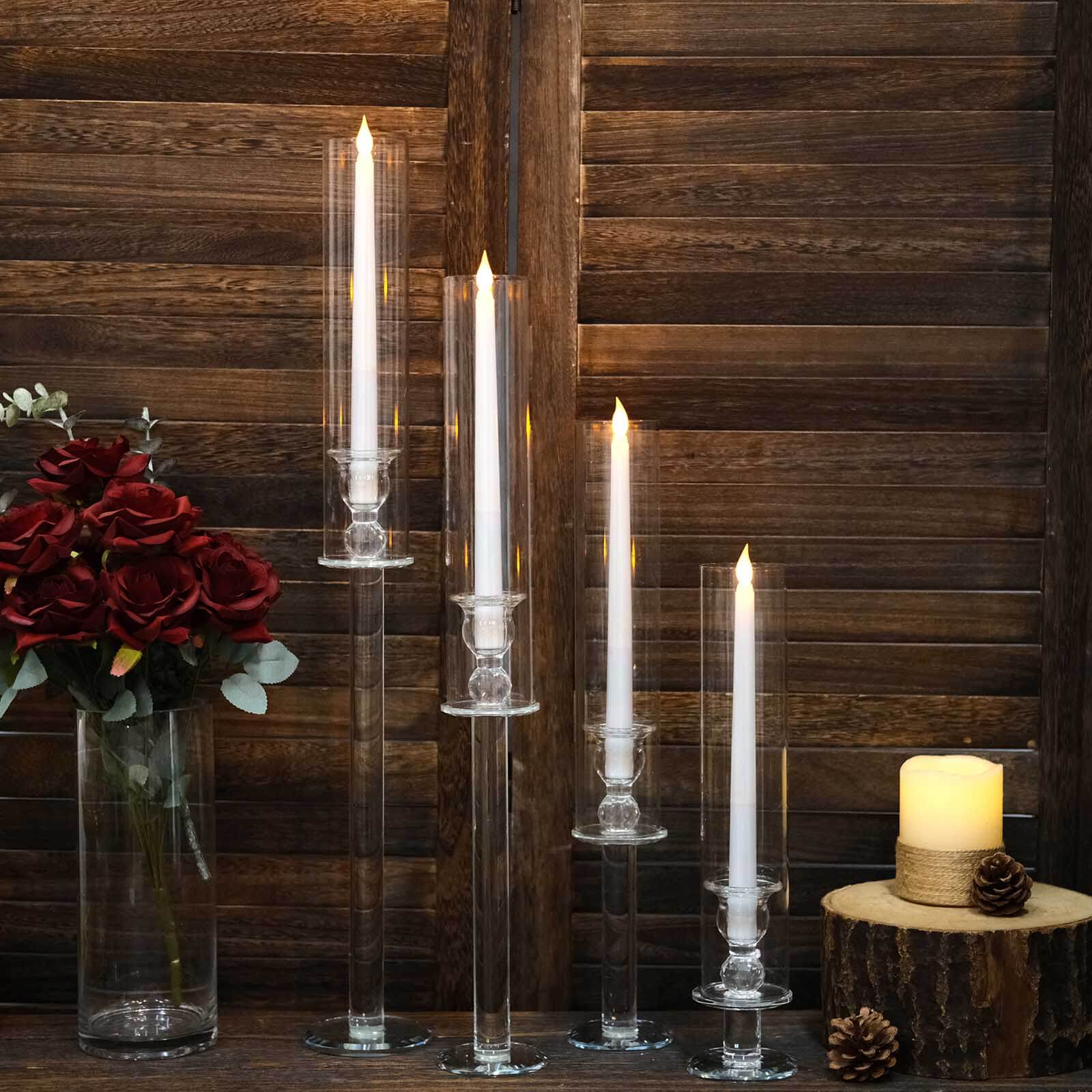 Set of 4 Clear Crystal Glass Hurricane Taper Candle Holders With Tall Cylinder Chimney Tubes 14