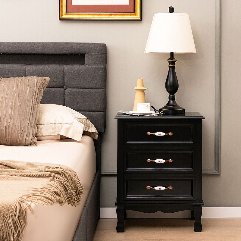 3 Drawers Nightstand with Solid Wood Legs for Living Room Bedroom