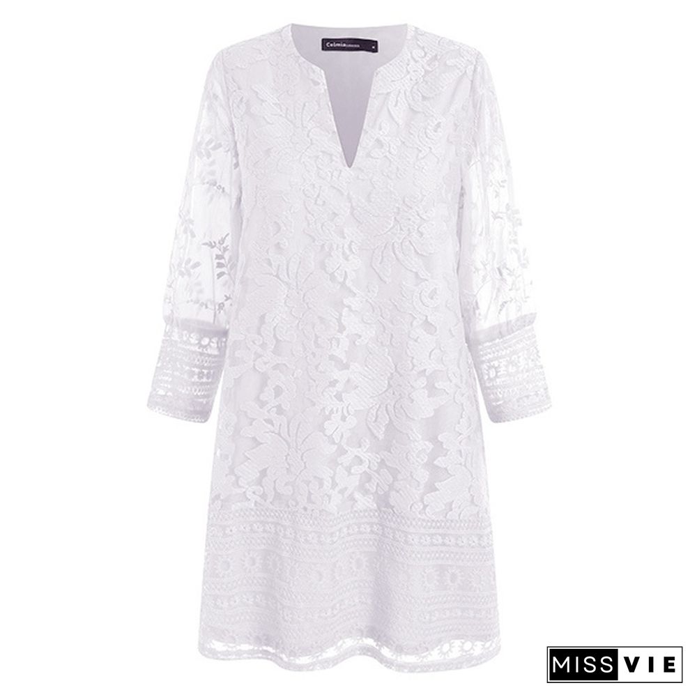 Womens Fashion Crochet Lace Mini Dress 3/4 Sleeve V Neck Hollow Out Party Casual Loose White Black Dress Plus Size