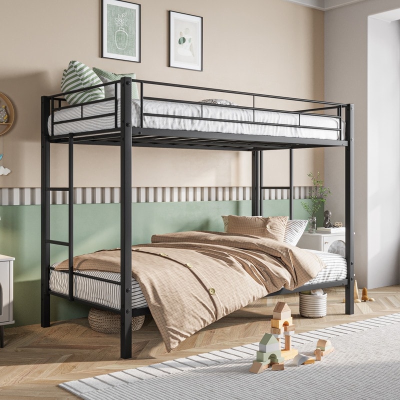 Metal Bunk Bed Twin Over Twin  Heavy Duty Twin Bunk Beds with Shelf And Slatted Support  No Box Spring Needed