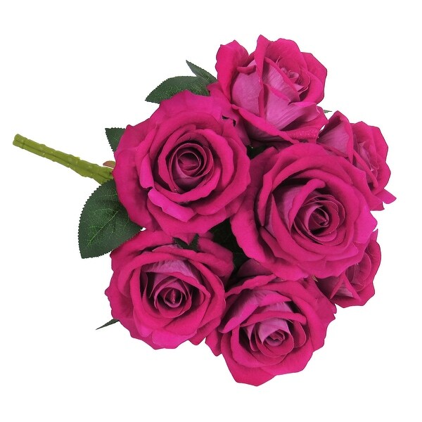 Set of 2 Hot Pink Artificial Velvet Rose Flower Stem Bush Bouquet 16in