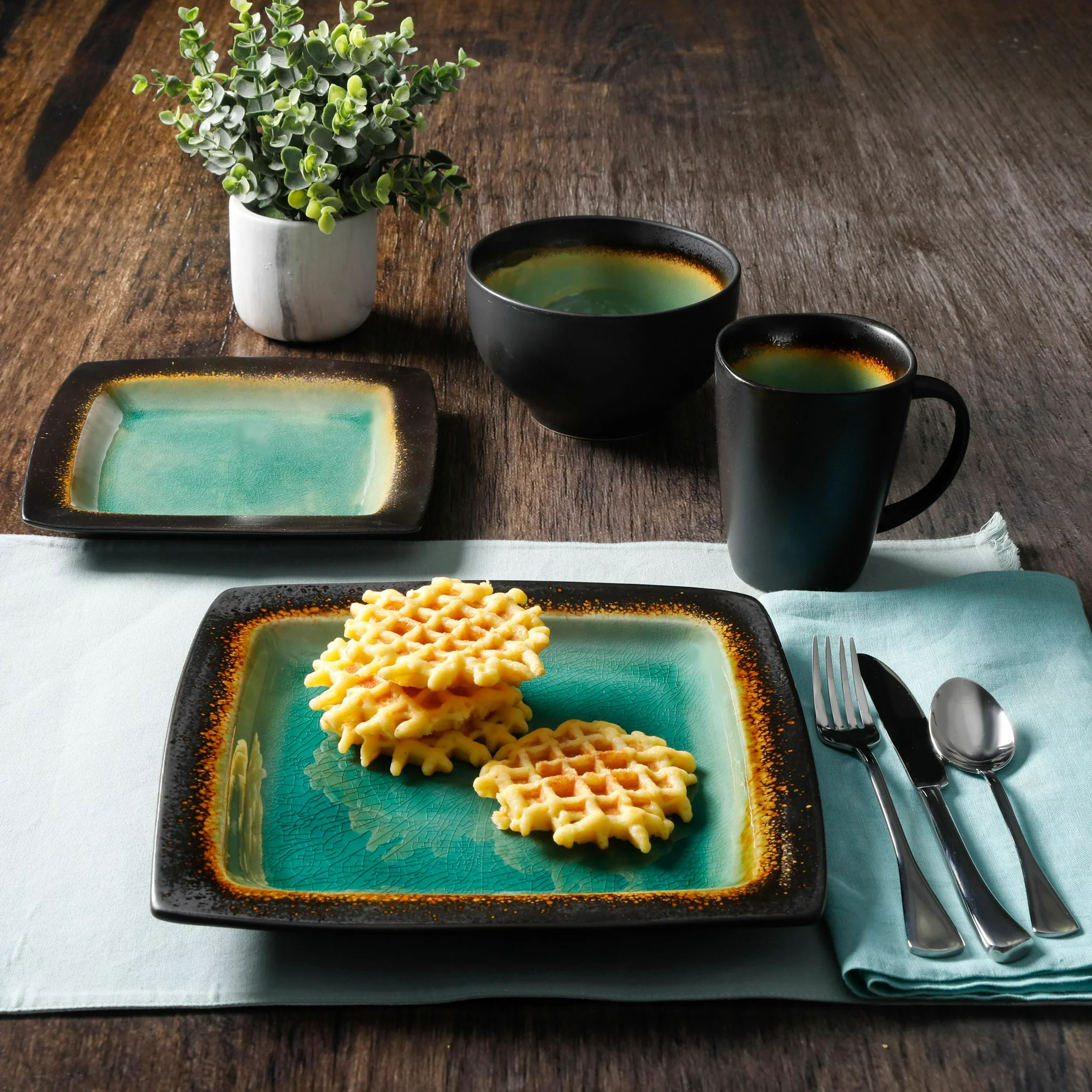 Gibson Home Ocean Oasis 16-Piece Dinnerware Set， Turquoise