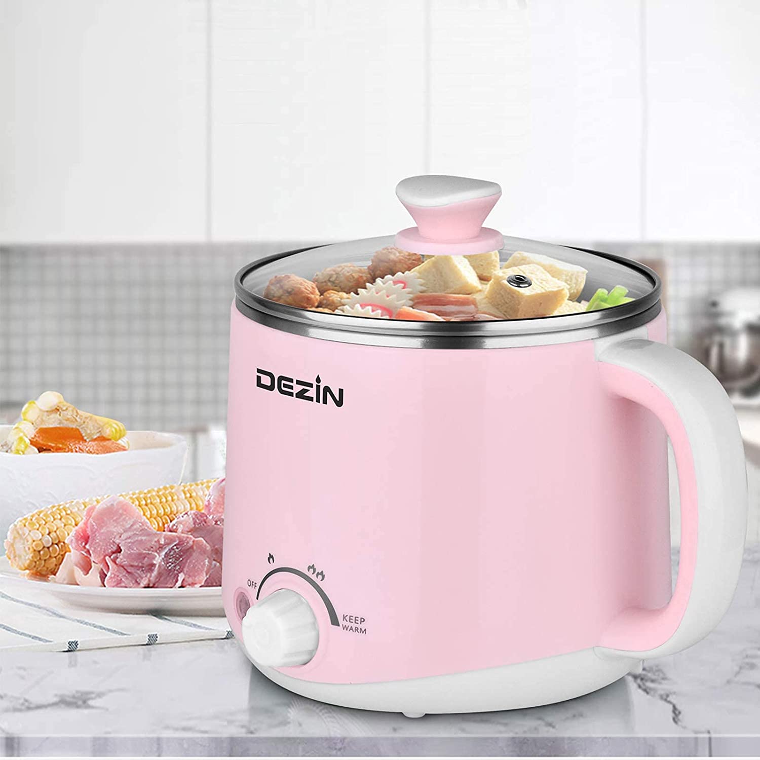 Dezin Electric Hot Pot， Rapid Noodles Cooker， Stainless Steel Mini Pot 1.6 Liter， Perfect for Ramen， Egg， Pasta， Dumpling， Soup， Porridge， Oatmeal with Power Adjustment and Keep Warm Function， Pink