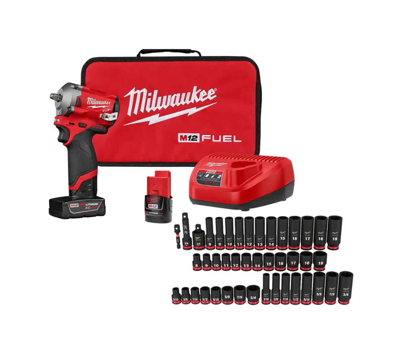 Milwaukee 2554-22-49-66-7009 M12 FUEL 12V Brushless Cordless Stubby 3/8 in. Impact Wrench Kit with 3/8 in. Drive SAE/Metric Socket Set (43-Piece)