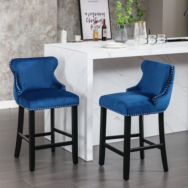 Set of 2 Upholstered Wing-Back Barstools with Wooden Legs