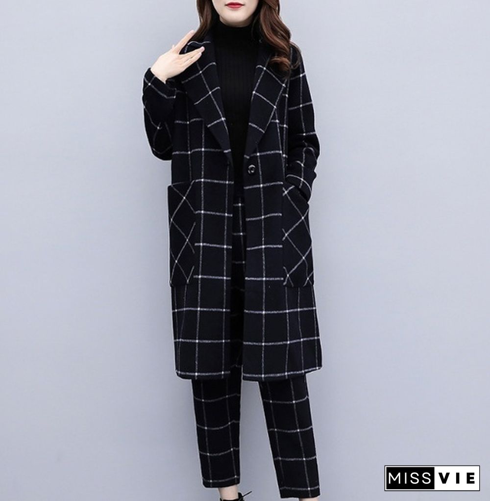 Winter Black Woolen Plaid Two Piece Sets Outfits Women Plus Size Long Coat And Pants Suits Elegant Fashion Office Sets