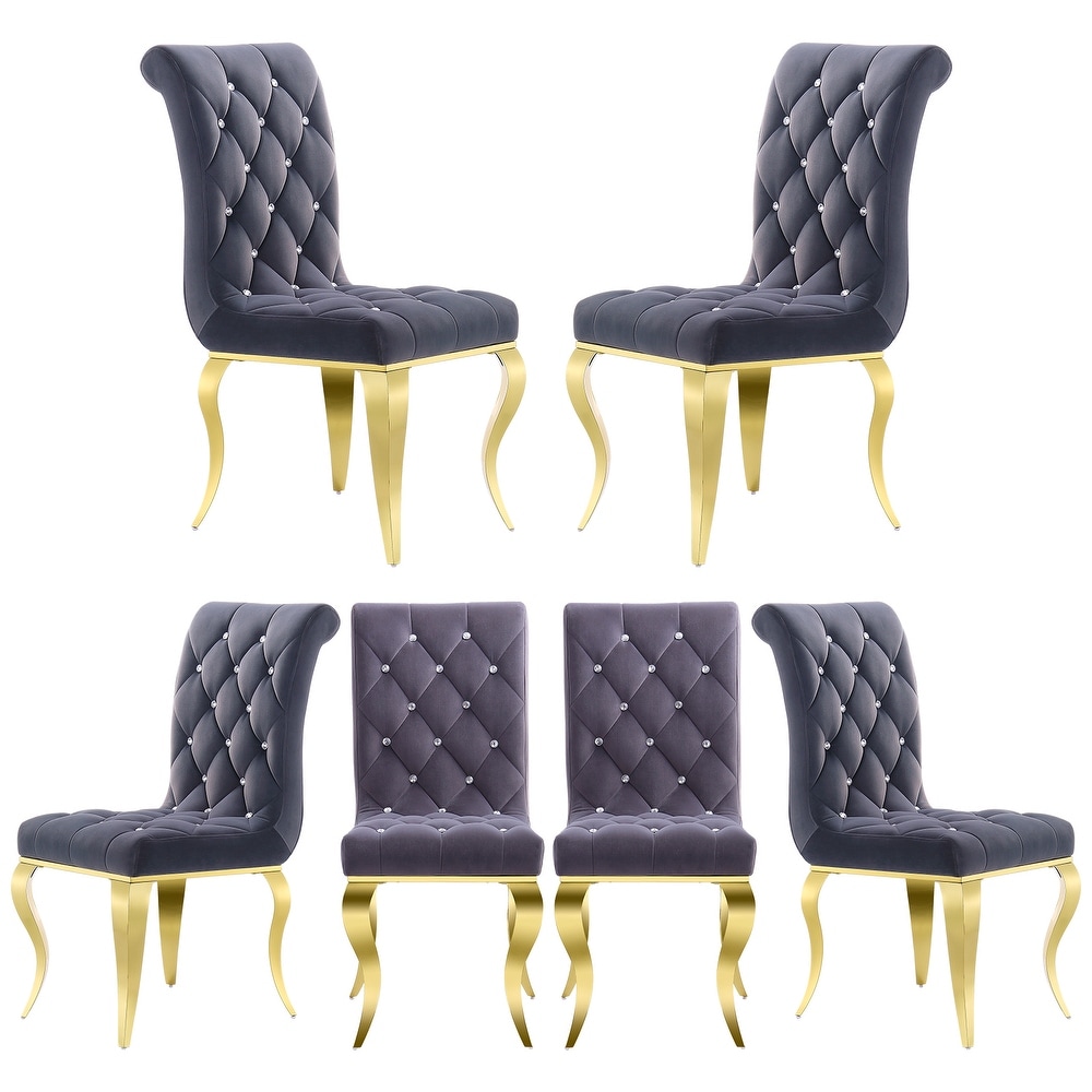 Luxury Gray Velvet Tufted Upholstered Dining Chairs with Polished Gold Cabriole Legs