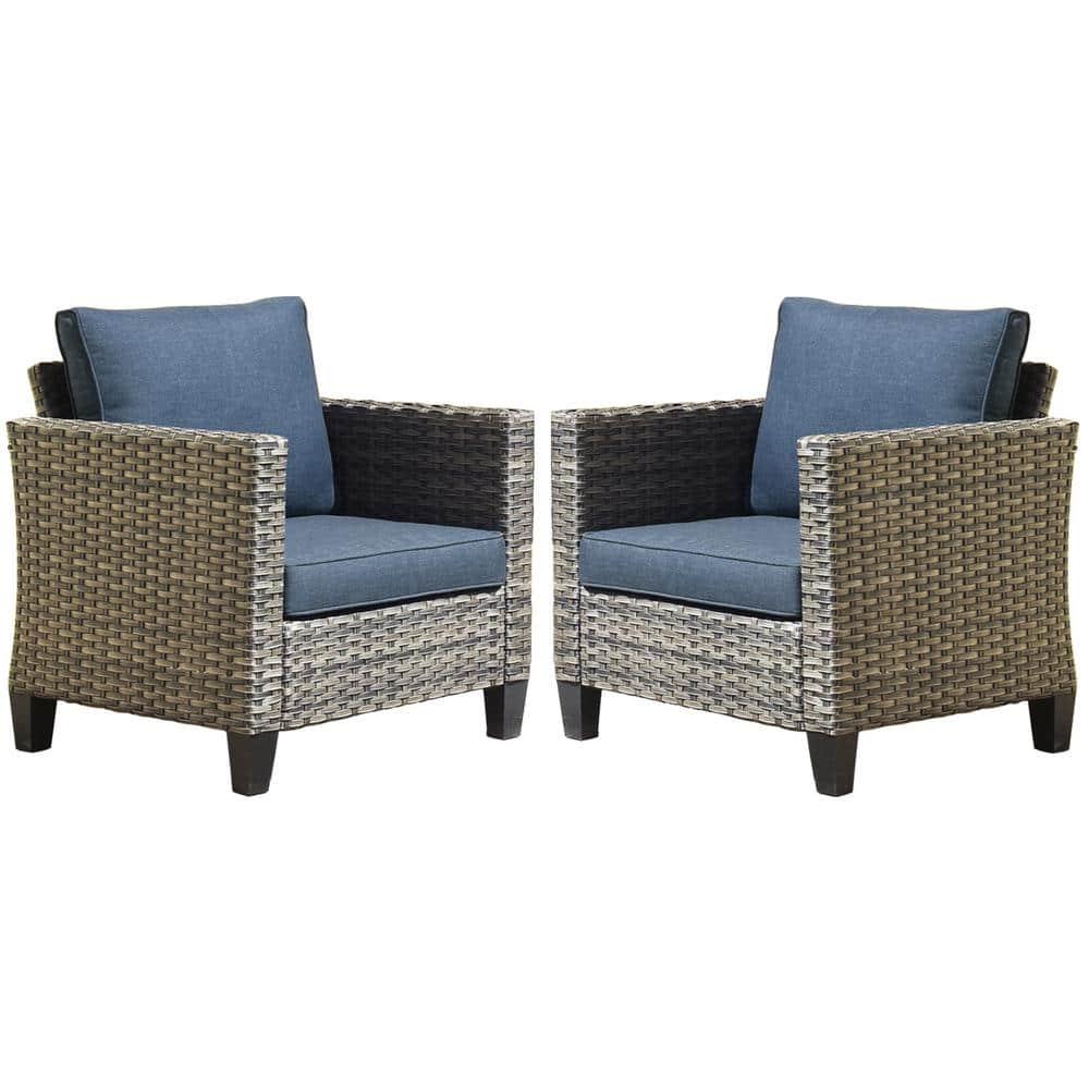 OVIOS New Vultros Gray 2Piece Wicker Outdoor Lounge Chair with Blue Cushions