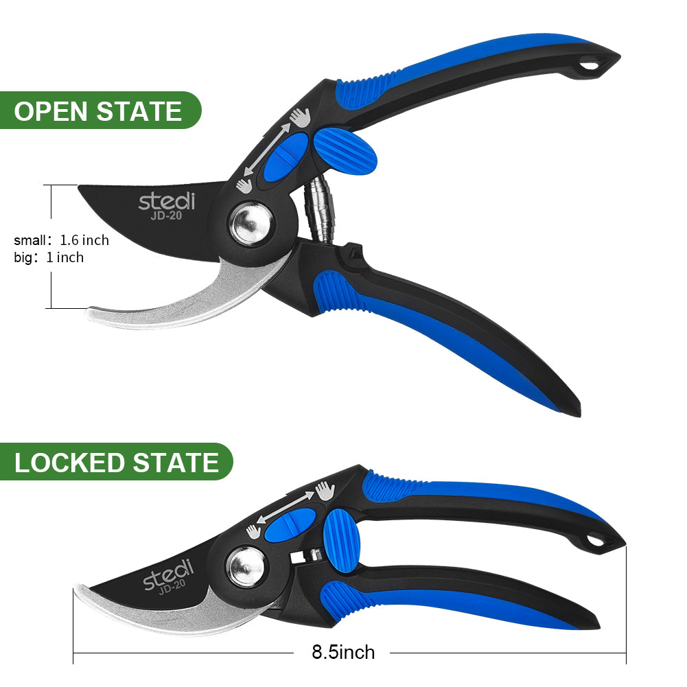 Stedi 8.5 inch Professional Garden Scissors,Adjustable Cutting Range Pruning Shears, SK-5 Carbon Steel Garden Clippers With Safety Lock