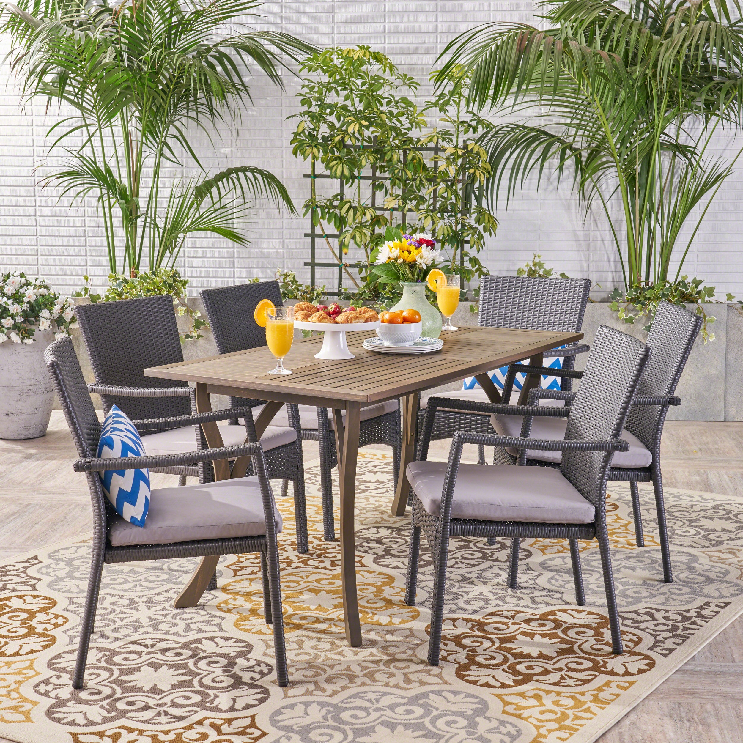 Ronnie Outdoor 7 Piece Wood and Wicker Dining Set, Gray and Gray