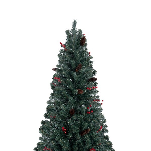 6.5ft Pencil Christmas Tree Prelit preDecorated with Pine Cones Red Berries 250 Warm Lights and Metal Stand