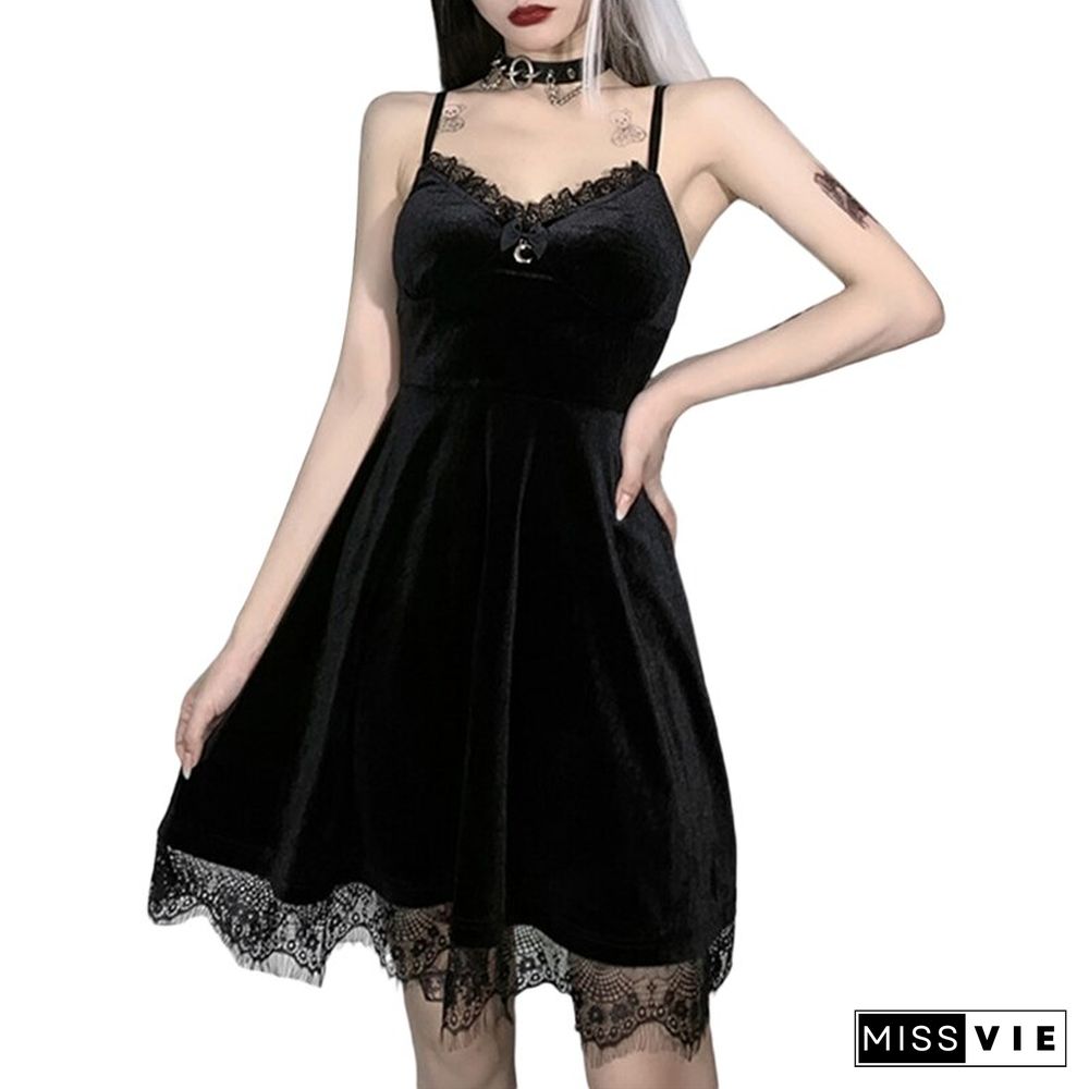 Y2k Goth Dark Academia Dress Women Solid Color V-neck Suspender A-line Lace Trim Party Dress Anime Aesthetic Clothes