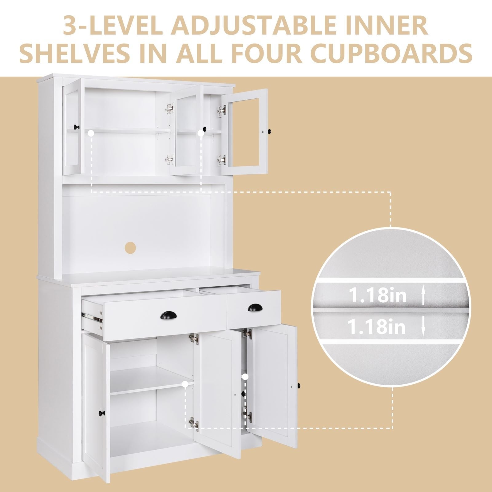 VEIKOUS  Kitchen Pantry Cabinet Storage Hutch with Microwave Stand and Shelves White