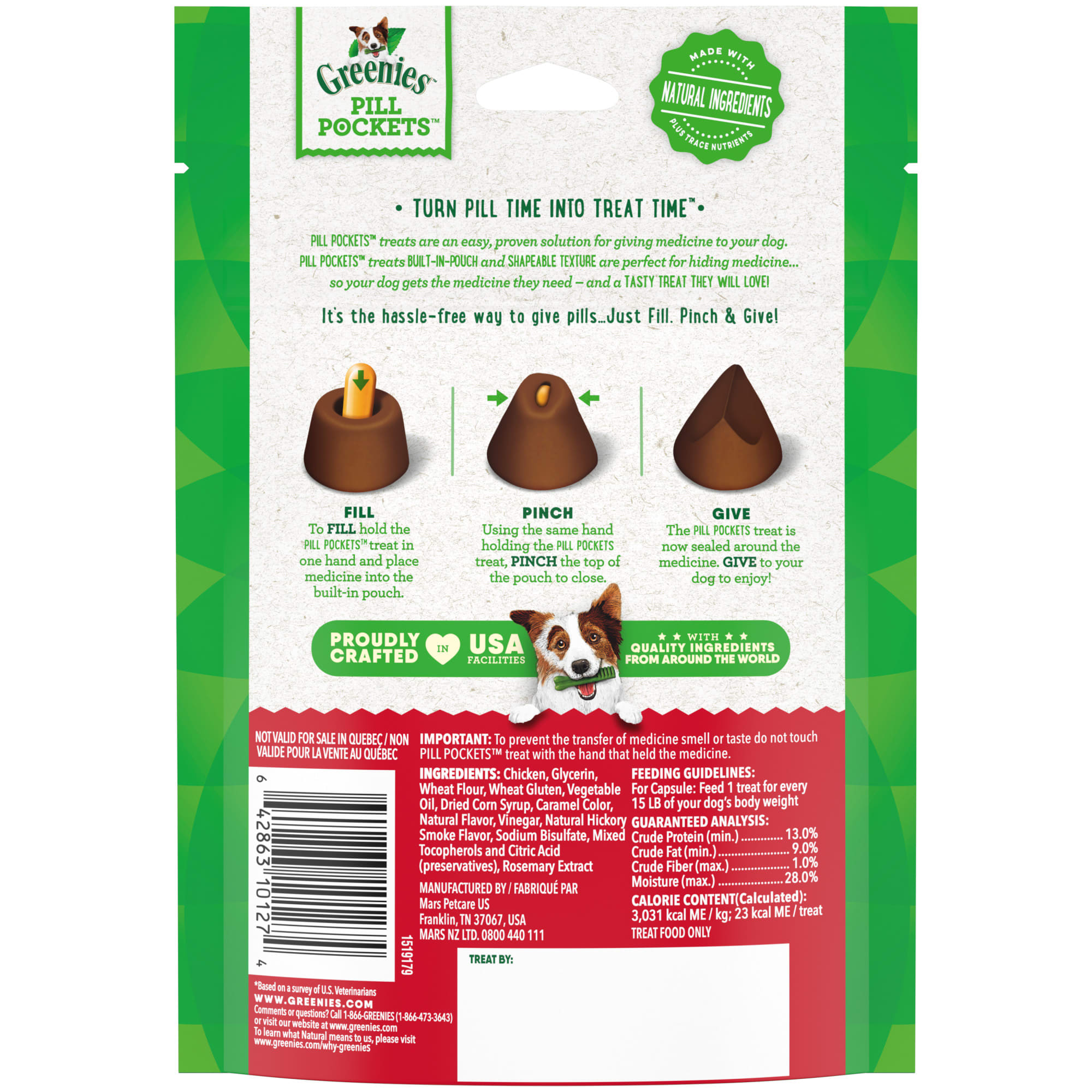 Greenies Pill Pockets Hickory Smoke Flavor Capsule Size Natural Soft Dog Treats， 15.8 oz.， Count of 60