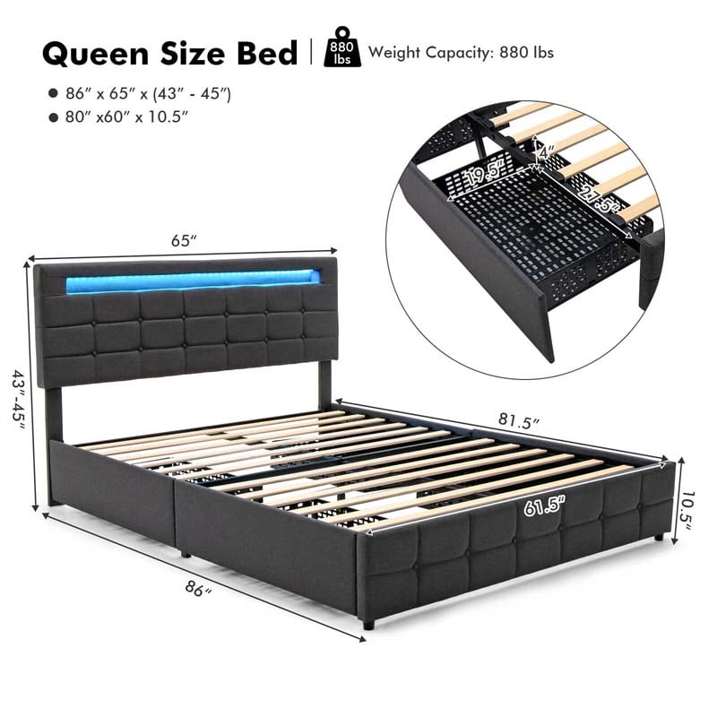 LED Upholstered Queen Bed Frame with 4 Drawers & USB Ports, Adjustable Tufted Headboard Platform Bed Frame