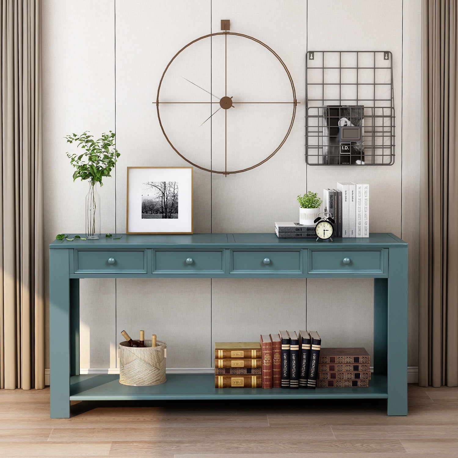 Rustic Console Table with 2 Storage Drawers and Exquisite Retro Knob， Sofa Table with Bottom Storage Shelf， Retro Blue