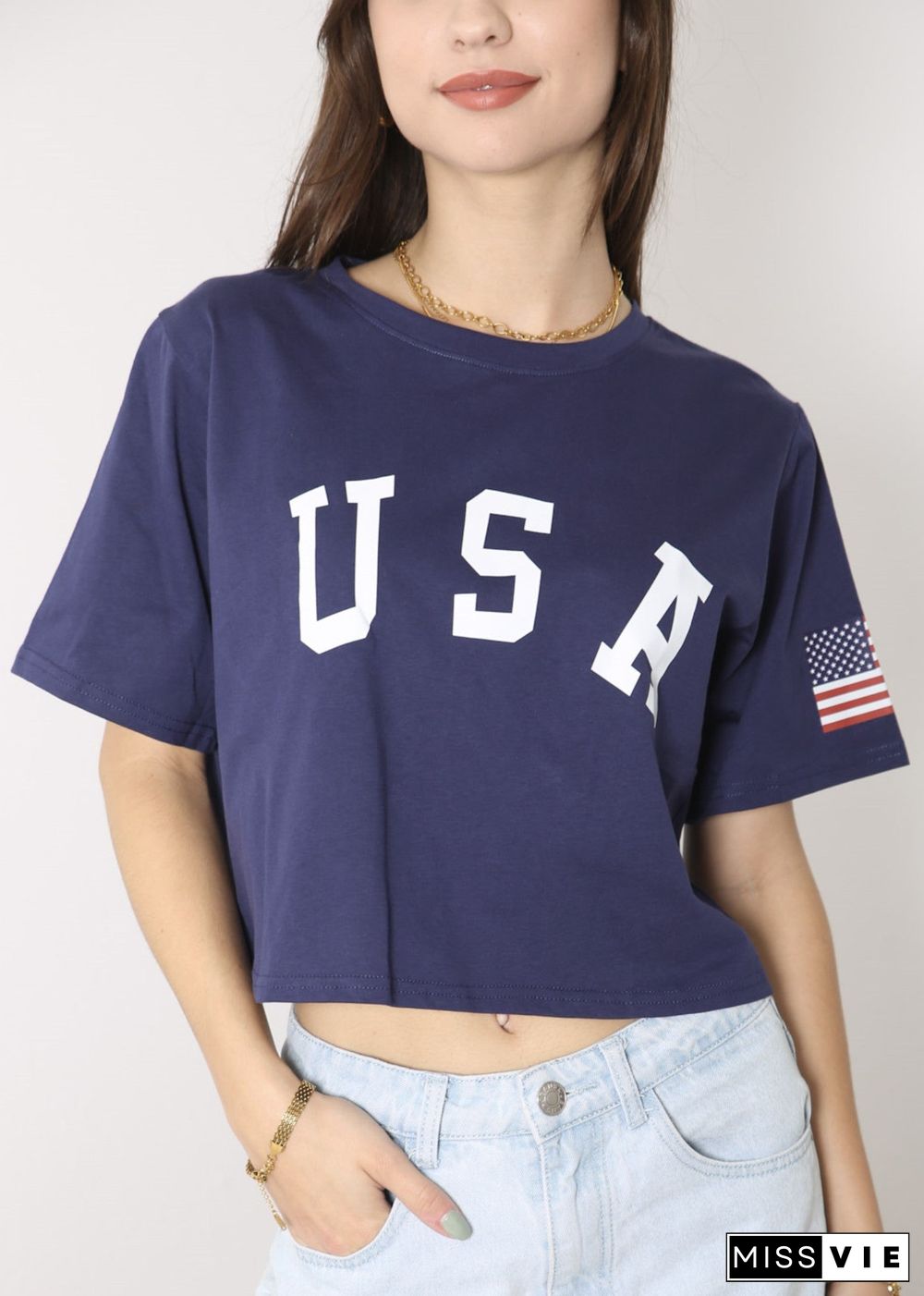 Anna-Kaci Women's Letter Print Crop Top Short Sleeve July 4th USA Flag T-Shirt