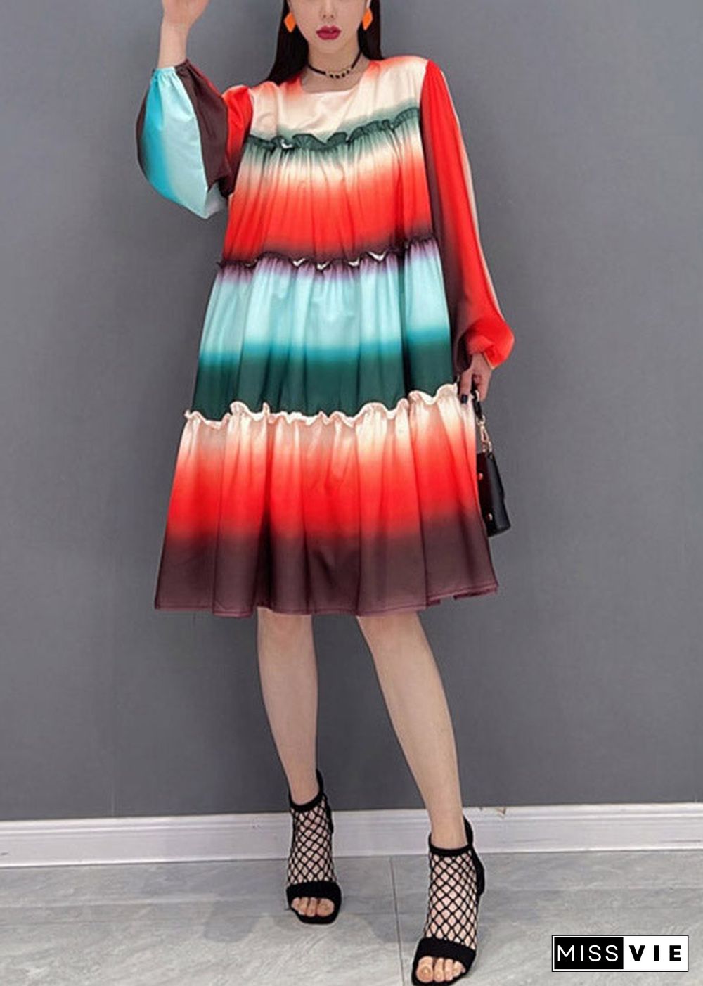 Casual Gradient color O-Neck Ruffled Patchwork A Line Dresses Long Sleeve