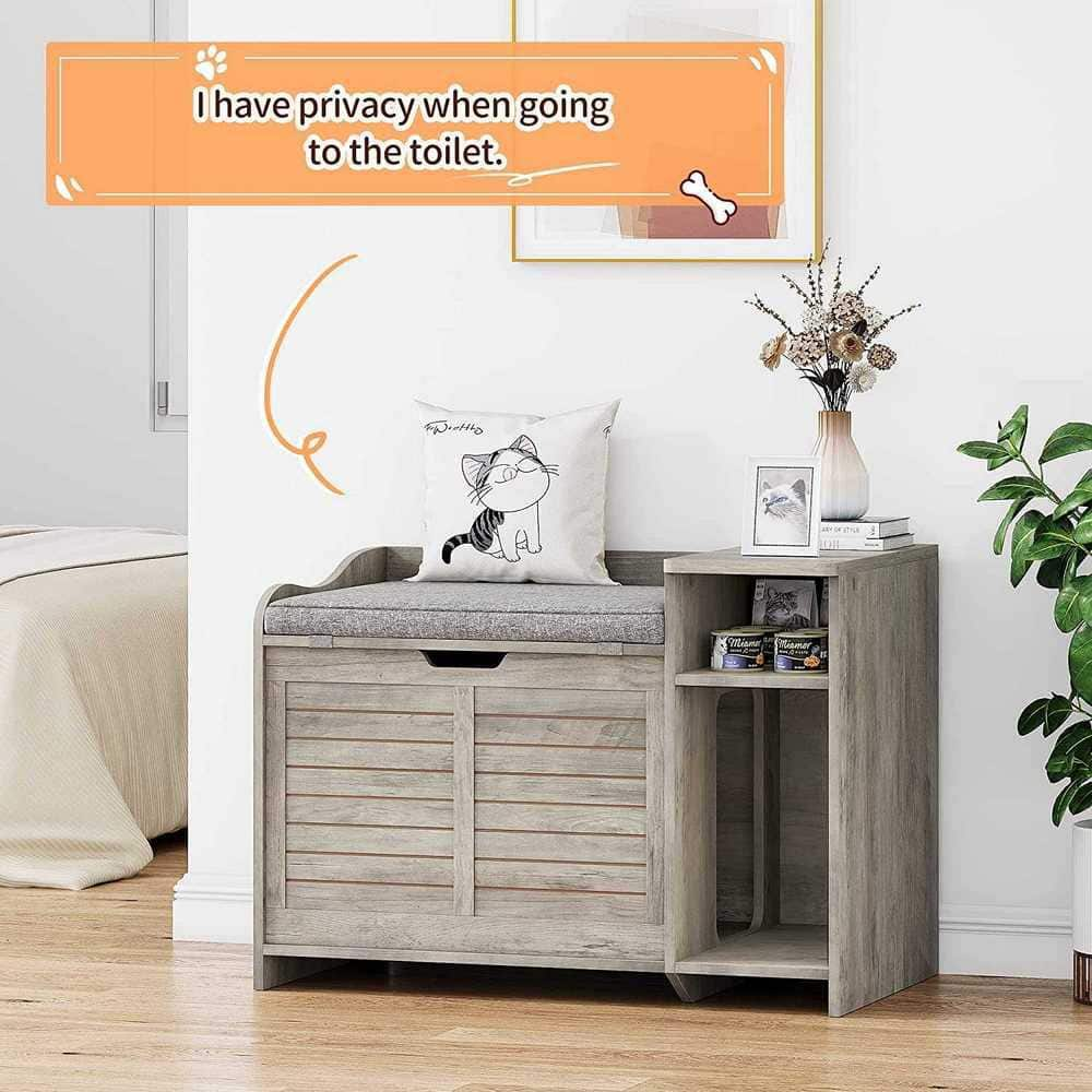 AndMakers Cat Litter Box Enclosure in Grey with Top Opening and Cushion IH-0W8R2RQF