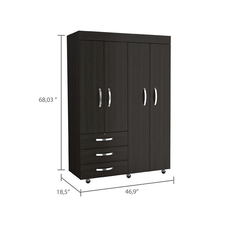 DEPOT E-SHOP Hamilton Mobile Armoire， Double Door Cabinet， Three Drawers， Rods， Two Shelves， Black