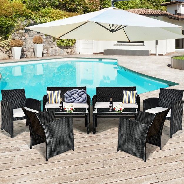 Costway 8pcs Patio Rattan Furniture Conversation Set Cushioned Sofa Table Garden Black