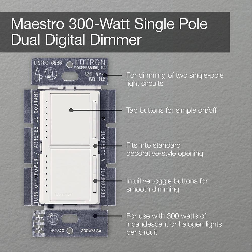 Lutron Maestro Dual Digital Dimmer Switch For Incandescent Bulbs Only 300-WattSingle-Pole Palladium (MA-L3L3-PD) MA-L3L3-PD