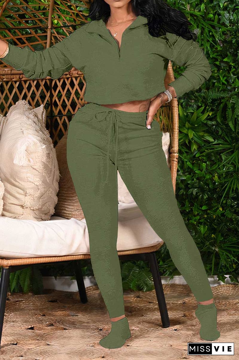 Solid Zip Front Sweatshirt & Drawstring Pants Set